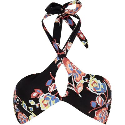 Black floral print five-way bikini top